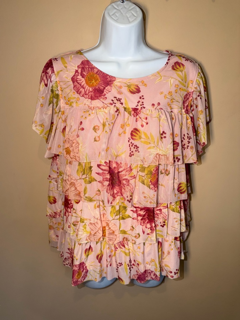 LC Lauren Conrad Women’s Party Collection Tiered Mesh Floral Ruffle Top